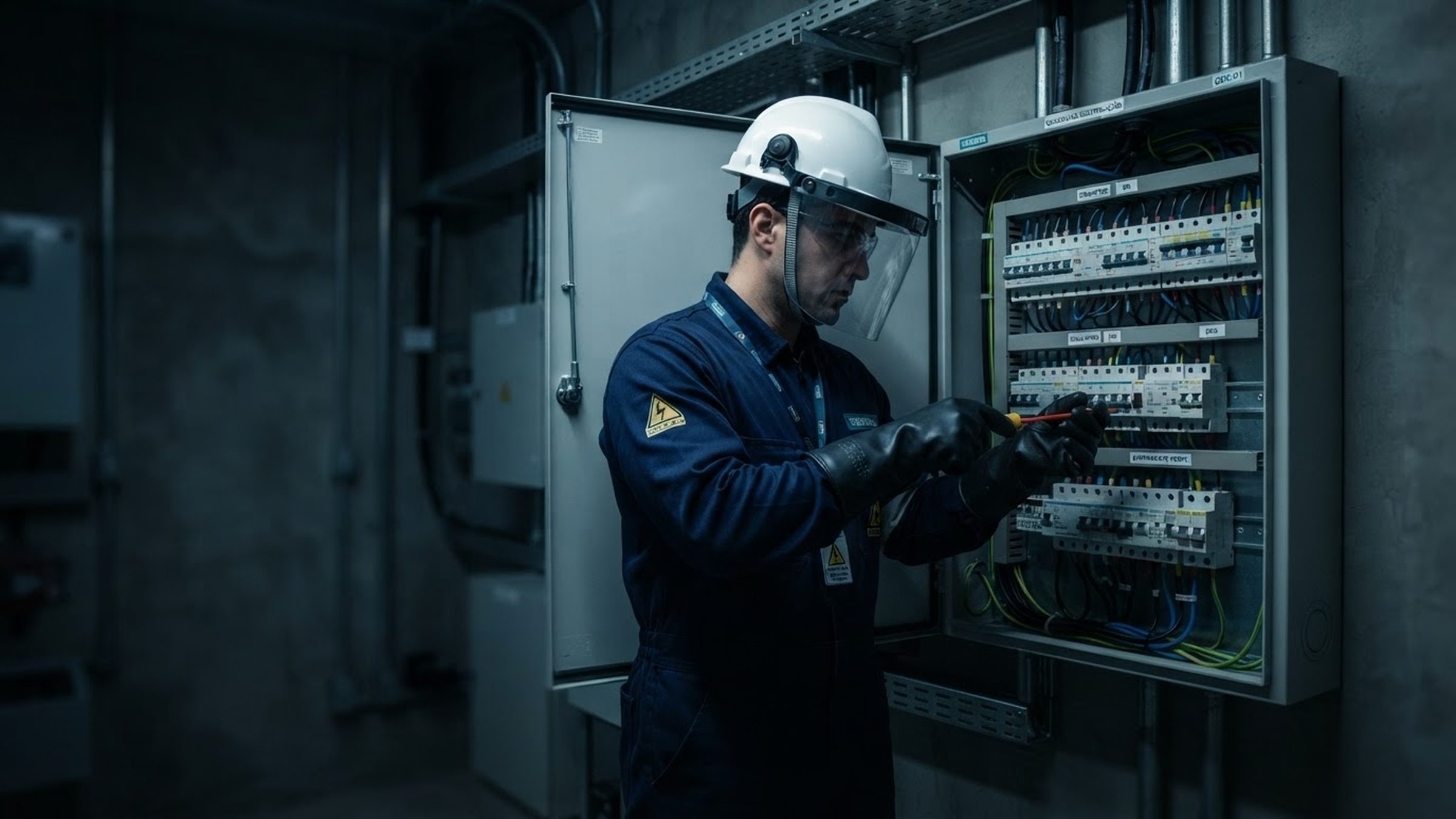 Eletricista com EPI de proteção contra arco elétrico trabalhando em quadro de distribuição de condomínio, conforme a nova NR-10